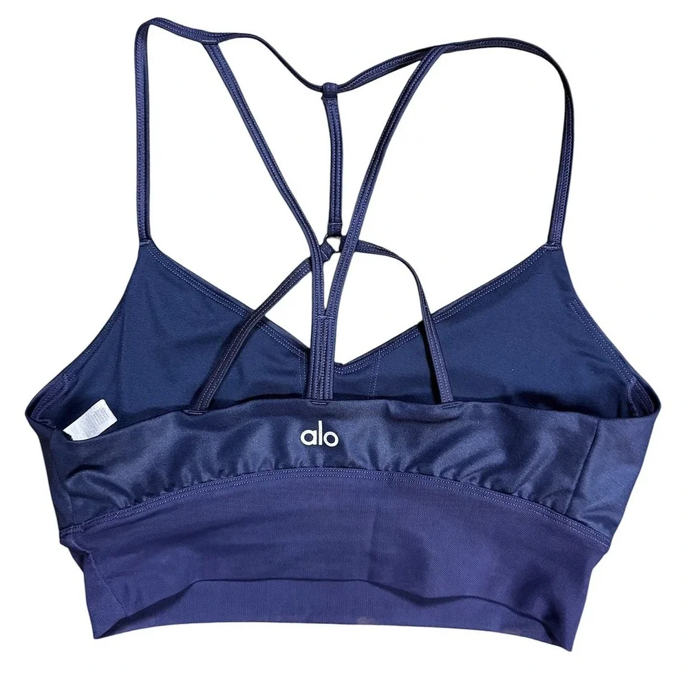 Alo Yoga Navy Blue Strappy Crisscross Back Sports Bra Medium V-Neck Metallic